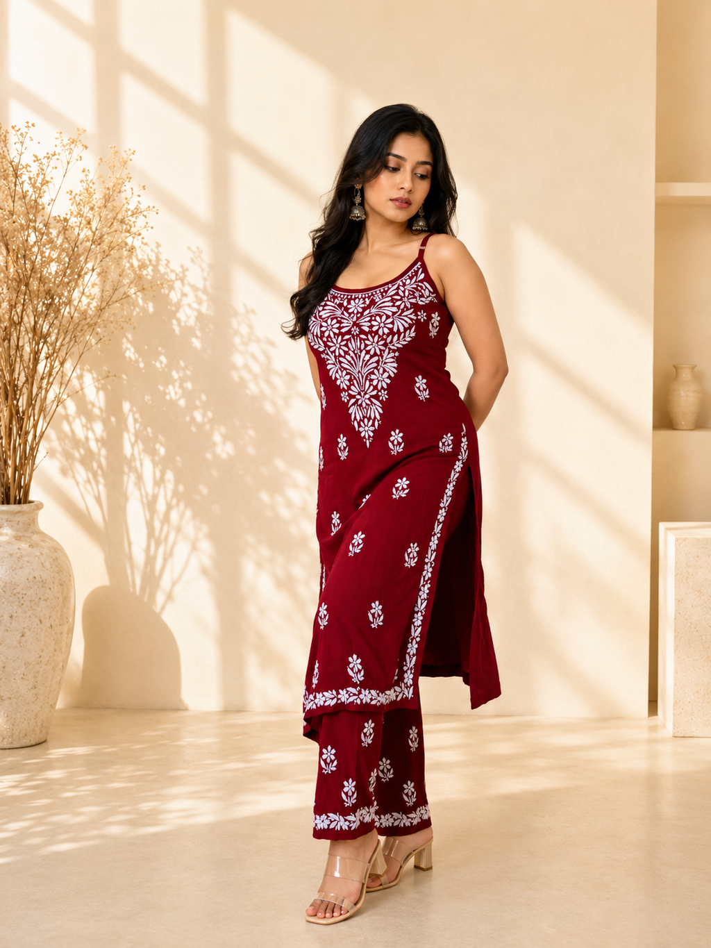 SHAKH Crimson Bloom Handcrafted Cotton Co-ord Set