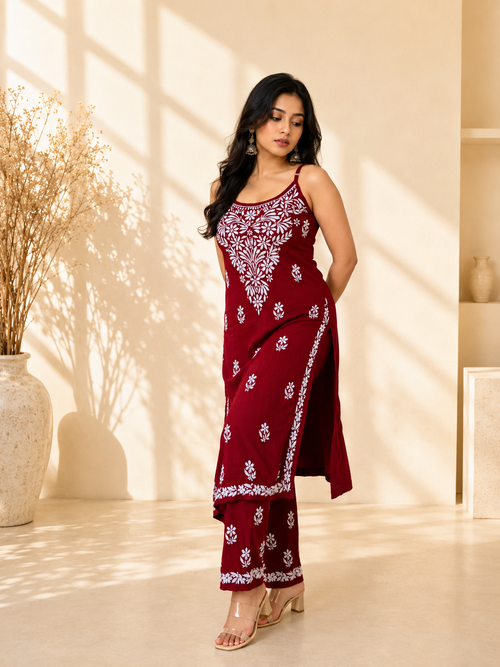 SHAKH Crimson Bloom Handcrafted Cotton Co-ord Set