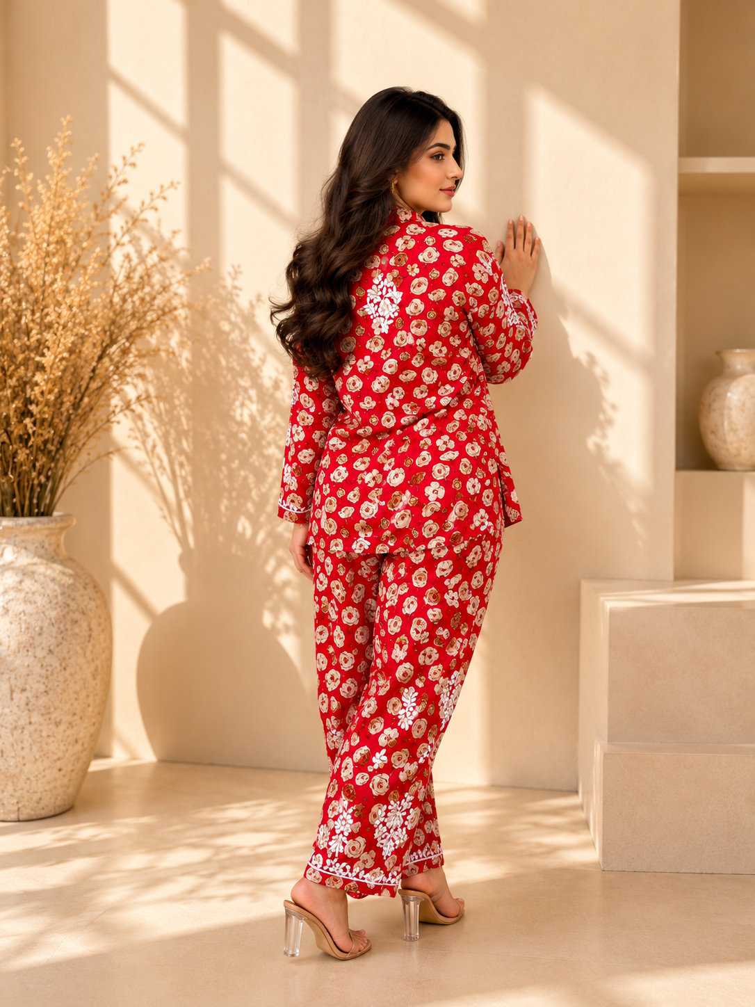 SHAKH Scarlet Bloom Printed Mulmul Shirt & Pant Co-ord Set