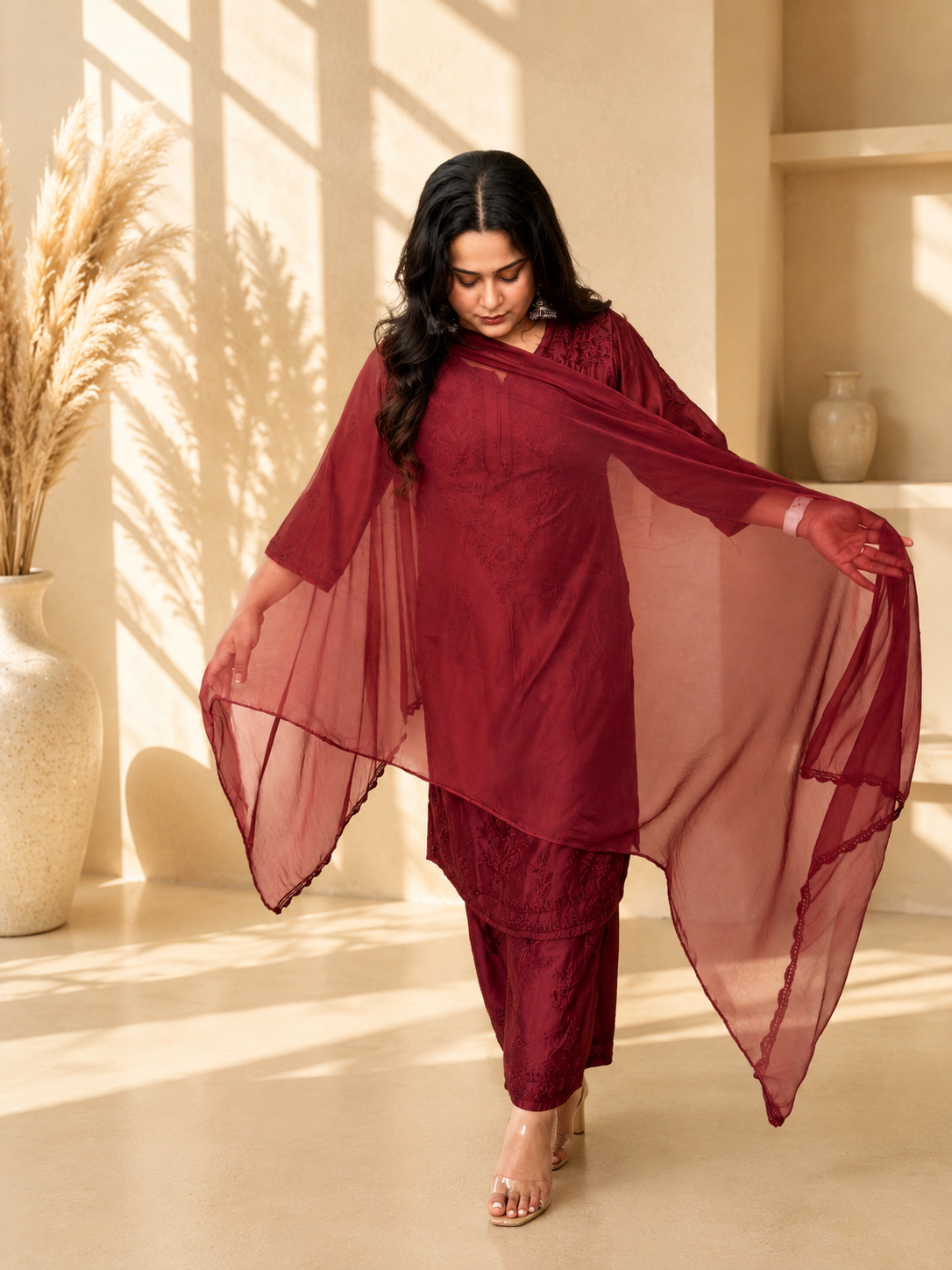 SHAKH Ruby Grace Embroidered Chanderi Silk Kurta Set with Dupatta