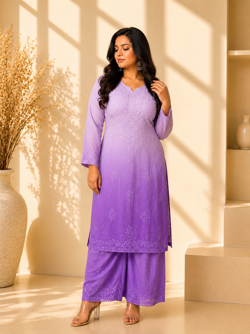 SHAKH Lavender Mist Embroidered Cotton Kurta Set with Palazzo