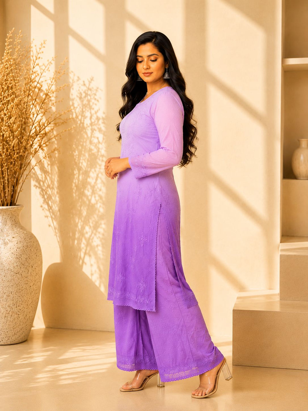 SHAKH Lavender Mist Embroidered Cotton Kurta Set with Palazzo