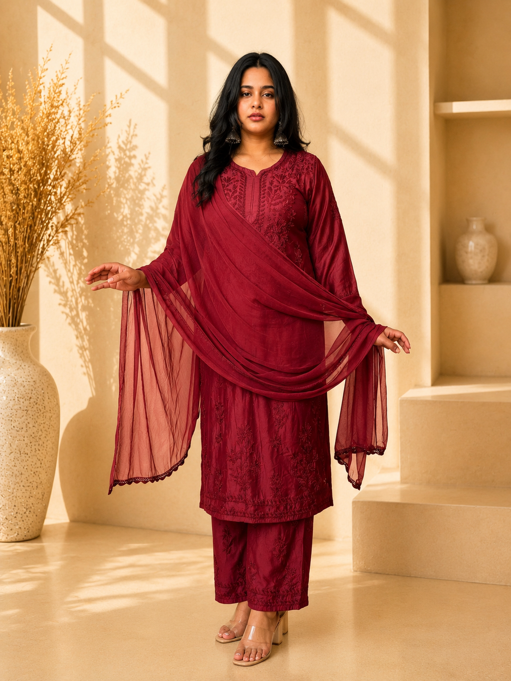 SHAKH Ruby Grace Embroidered Chanderi Silk Kurta Set with Dupatta