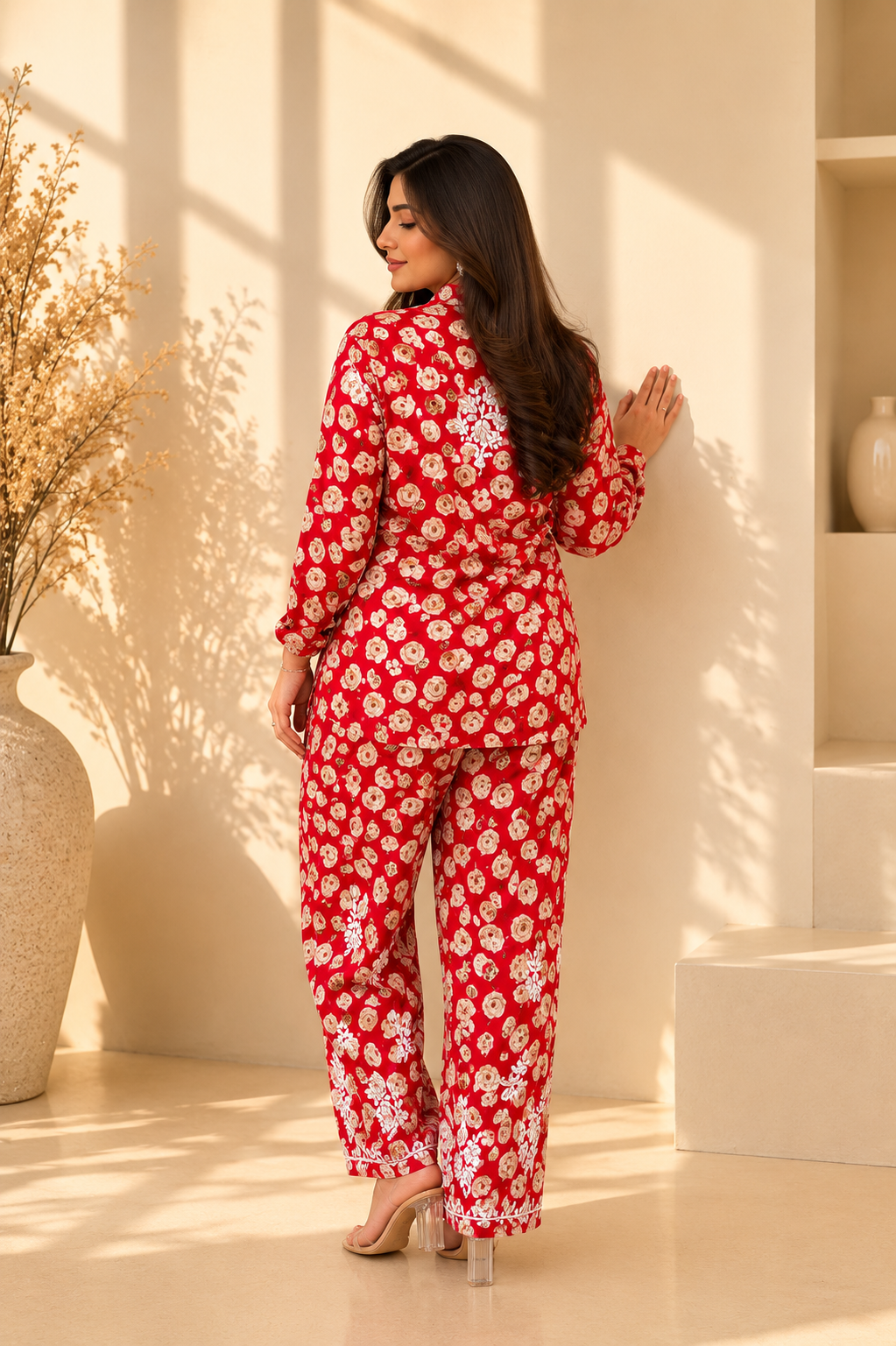 SHAKH Scarlet Bloom Printed Mulmul Shirt & Pant Co-ord Set